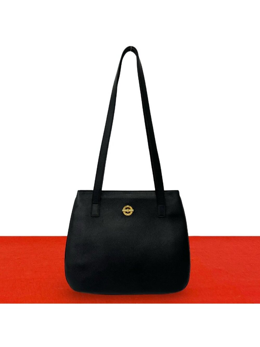 Celine Vintage Circle Logo Leather Tote Shoulder Bag Black
